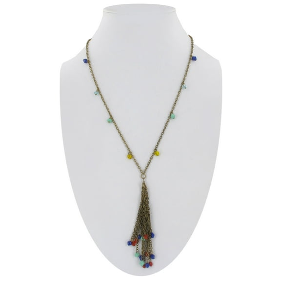 Antiqued Brass Gold Tone Multicolor Beaded Fringe Tassel Necklace Ladies Adult Female Women