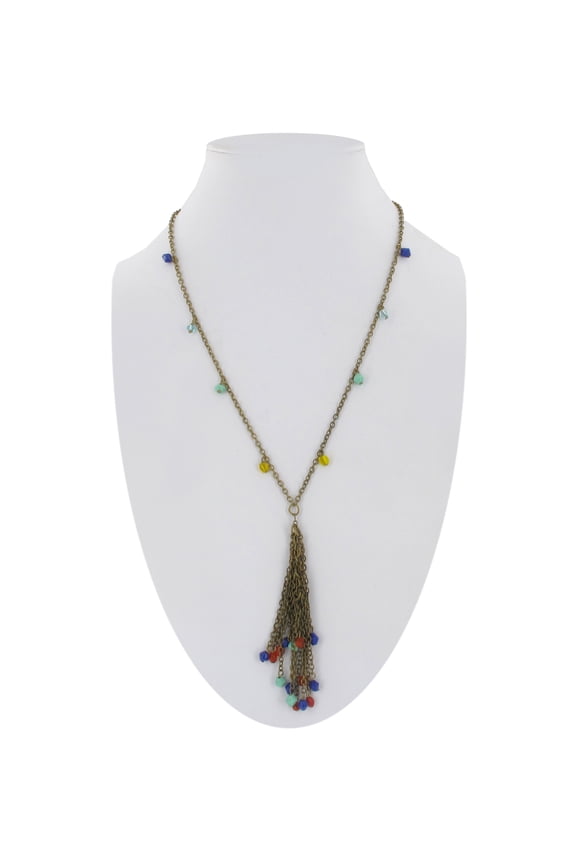 Antiqued Brass Gold Tone Multicolor Beaded Fringe Tassel Necklace Ladies Adult Female Women