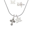 thumbnail image 1 of Antiqued Budded Cross - M Initial Charm Necklace and Stud Earrings Jewelry Set, 1 of 1