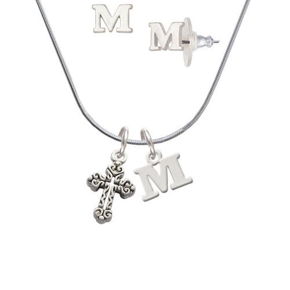 Antiqued Budded Cross - M Initial Charm Necklace and Stud Earrings Jewelry Set