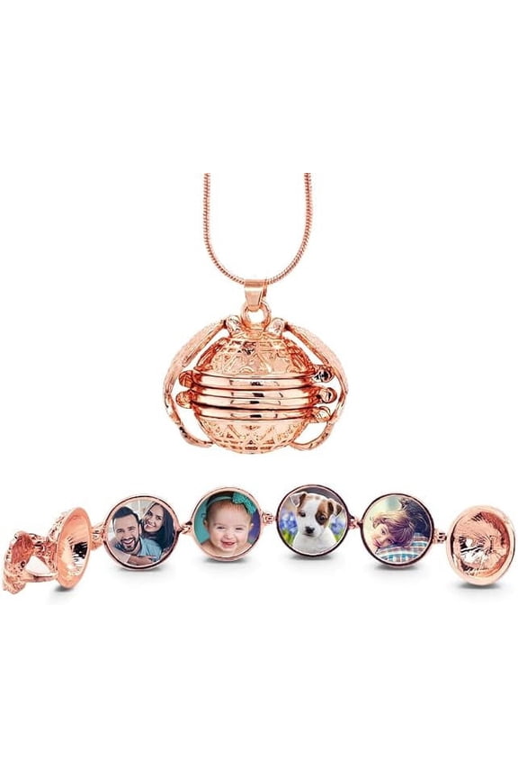 Antiqued Expandable 4 Photo Ball Locket With Chain - Rose Gold Plated