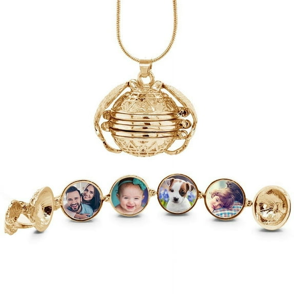 Antiqued Expandable 4 Photo Ball Locket With Chain - Yellow Gold Plated