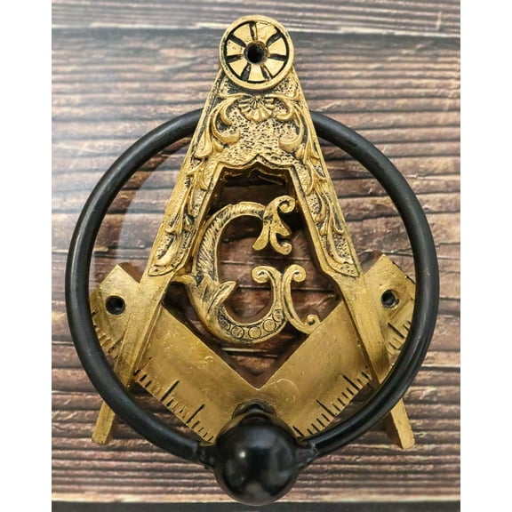 Antiqued Faux Gold Freemasonry Masonic Square & Compasses Monogram Door Knocker