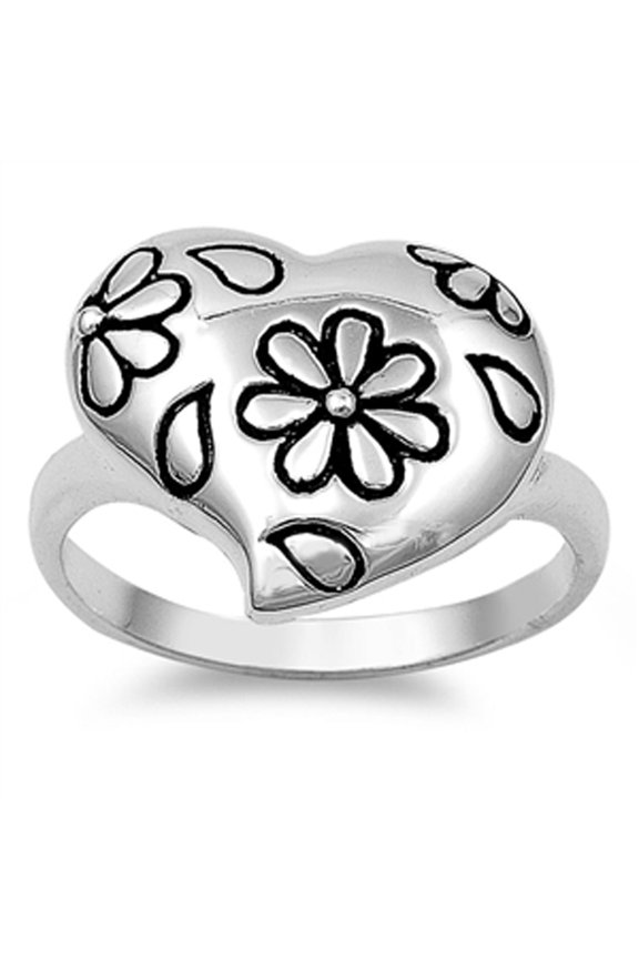 Antiqued Floral Flower Etched Heart Ring 925 Sterling Silver Band Jewelry Female Male Unisex Size 5