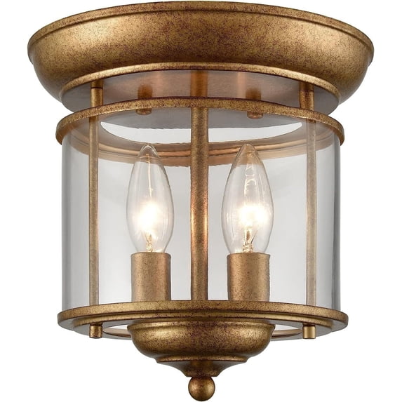 Antiqued Gold Flush Mount Ceiling Light Glass Shade Mid Century Modern 2-Light
