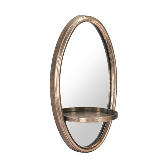Antiqued Gold Oval Mirror with Petite Shelf