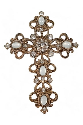 Antiqued Gold Tone White Clear Rhinestone Ornate Cross Pin Brooch 2 3/4"