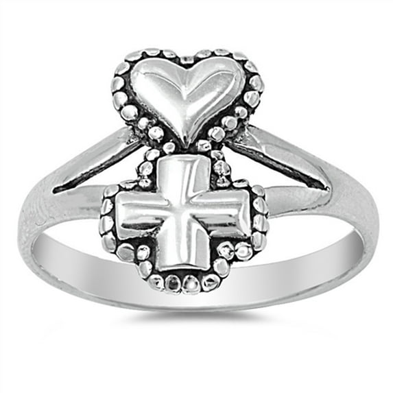 Antiqued Heart Cross Love Christ Ring .925 Sterling Silver Band Jewelry Female Male Unisex Size 7