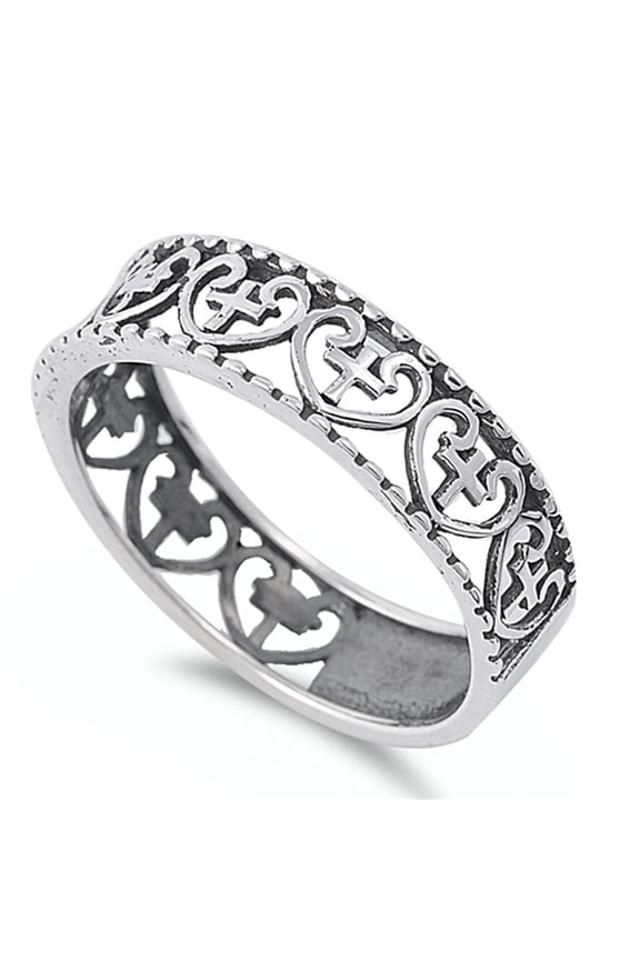Antiqued Heart Cross Stackable Purity Ring .925 Sterling Silver Band Jewelry Female Male Size 13