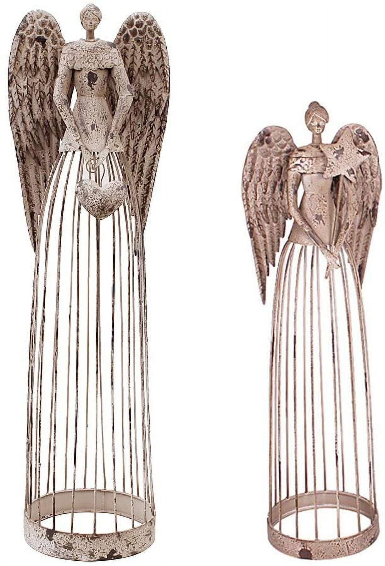 Antiqued Metal Garden Angel Statue Set of 2, Indoor Outdoor Angel Yard