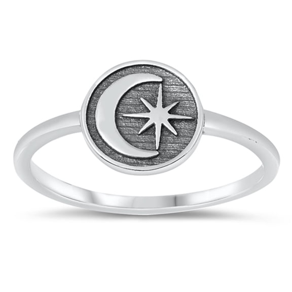 Antiqued Moon North Star Medallion Band Sterling Silver Ring 925 Jewelry Female Male Unisex Size 11