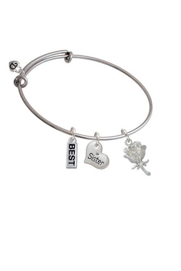 Antiqued Rose Sister Heart Expandable Bangle Bracelet