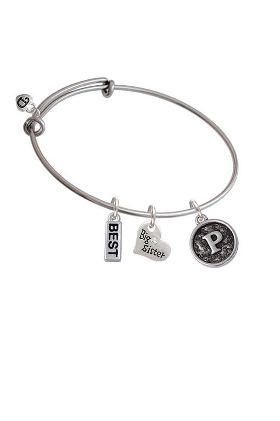 Antiqued Round Seal - Initial - P - Big Sister Heart Expandable Bangle Bracelet