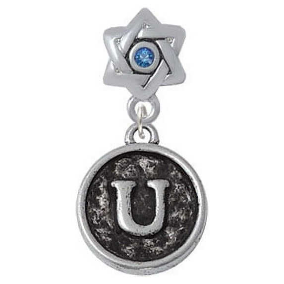 Antiqued Round Seal - Initial - U - Star of David with Blue Crystal Charm Bead
