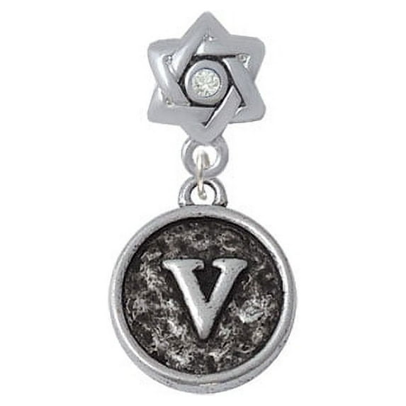 Antiqued Round Seal - Initial - V - Star of David with Clear Crystal Charm Bead