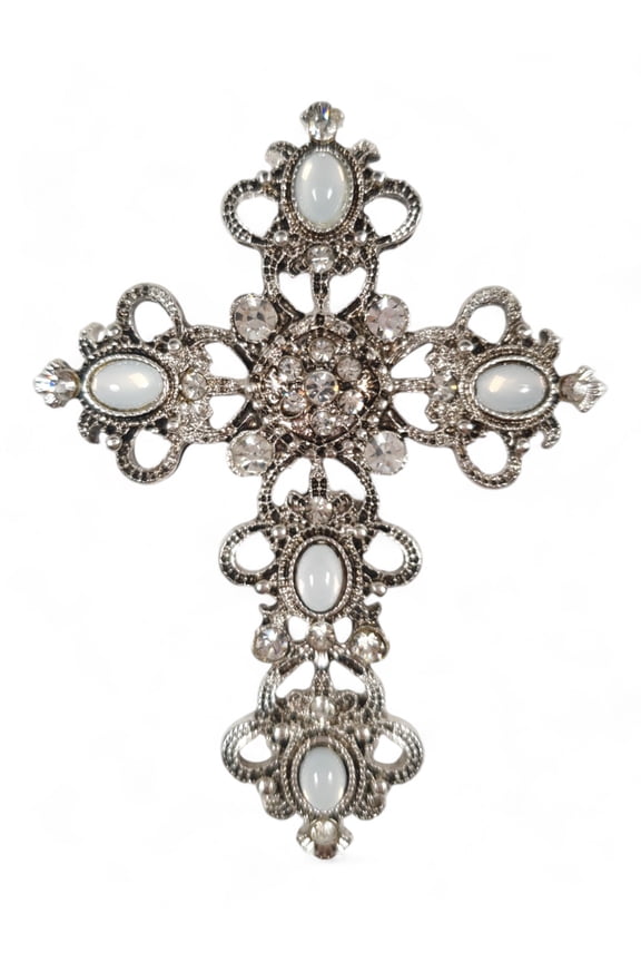 Antiqued Silver Tone White Clear Rhinestone Ornate Cross Pin Brooch 2 3/4"