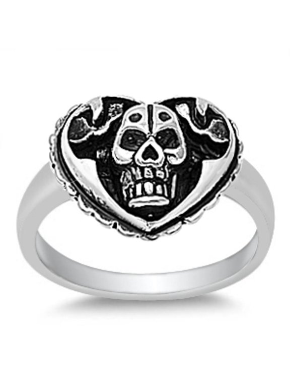 Antiqued Skull Heart Promise Biker Ring .925 Sterling Silver Band Jewelry Female Male Unisex Size 6