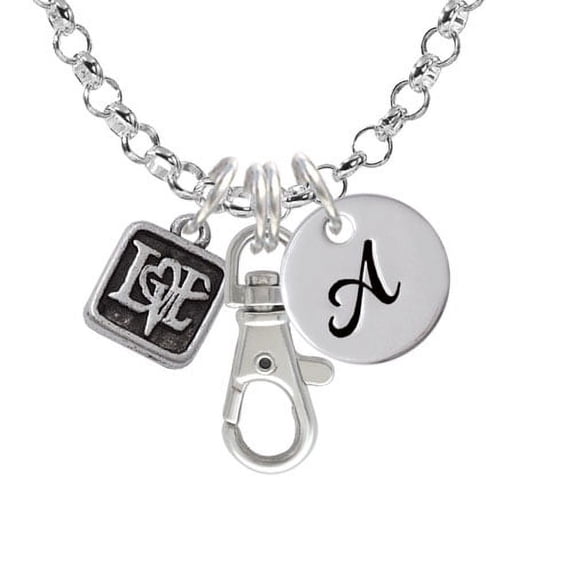 Antiqued Square Seal - Love with Heart - A - Initial Badge Clip Necklace