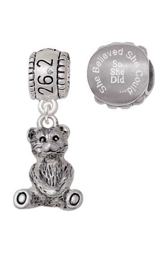 Antiqued Teddy Bear 26.2 Marathon Run She Believed She Could Charm Beads (Set of 2)