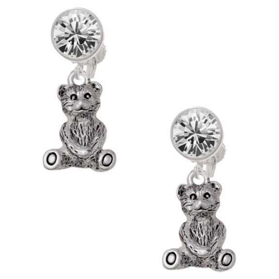 Antiqued Teddy Bear Clear Crystal Clip On Earrings