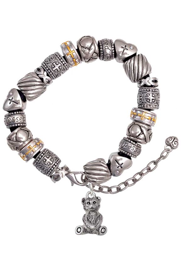Antiqued Teddy Bear Silver Tone Christian Bead Bracelet