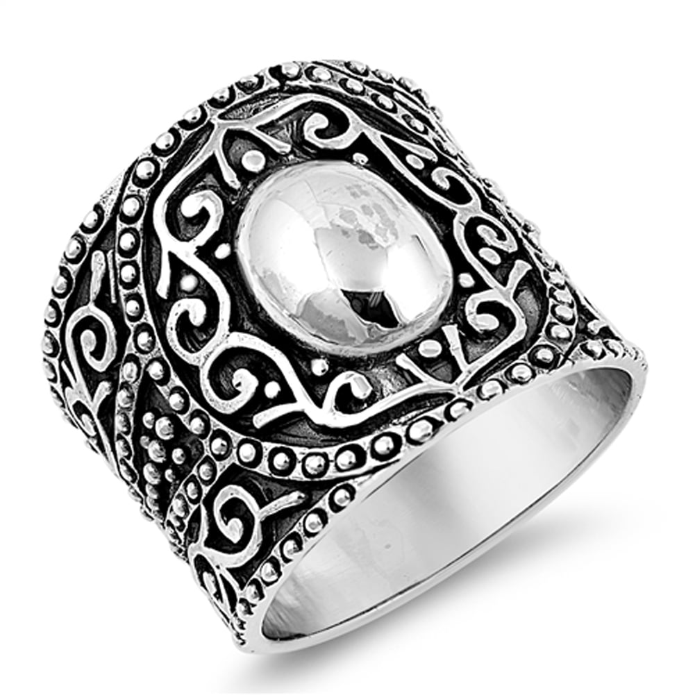 Antiqued Vintage Wide Boho Oval Bali Ring .925 Sterling Silver Band ...