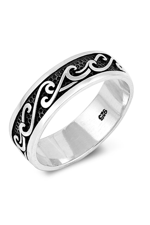 Antiqued Wave Black Wedding Ocean Ring .925 Sterling Silver Band Jewelry Female Male Unisex Size 6
