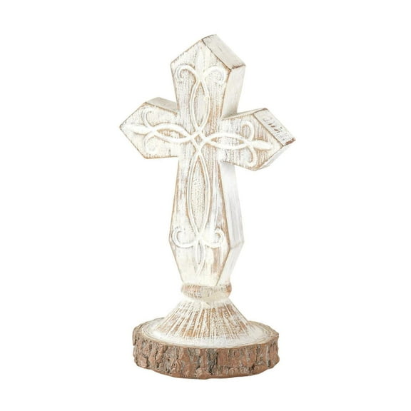 Antiqued Whitewash Cross on Stand 6 x 3 Resin Decorative Wall and Tabletop Frame