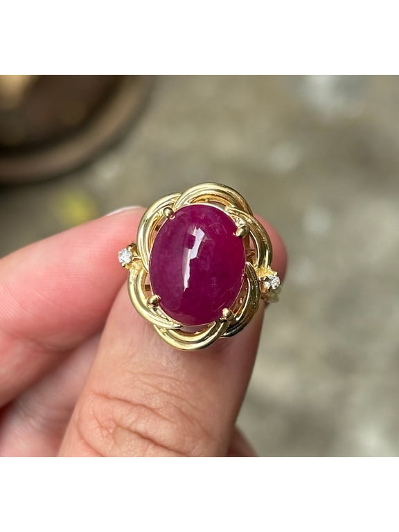 Antiques Certified Natural Ruby Cabochon on 14k Yellow Gold Ring, Second Hand Jewelry, Estate Ring