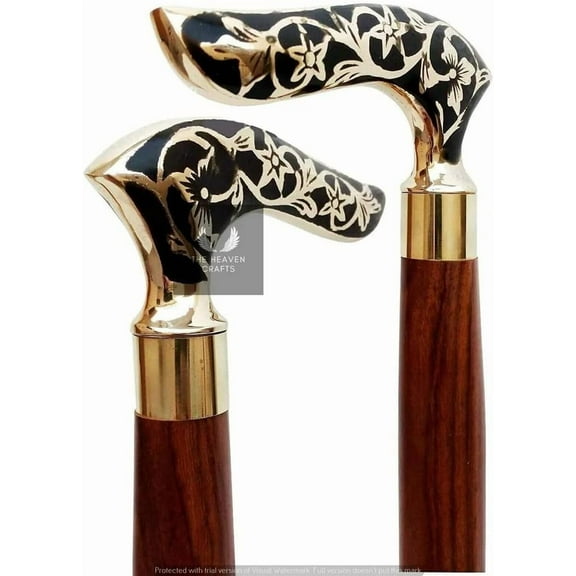 Antiques Victorian Designer Derby Brass Handle Wooden Walking Stick Cane 2 Fold Walking Stick Cane for Men and Women Gift, Item for Him, Heaven Crafts Shop, Gold And Black, 36 Inch
