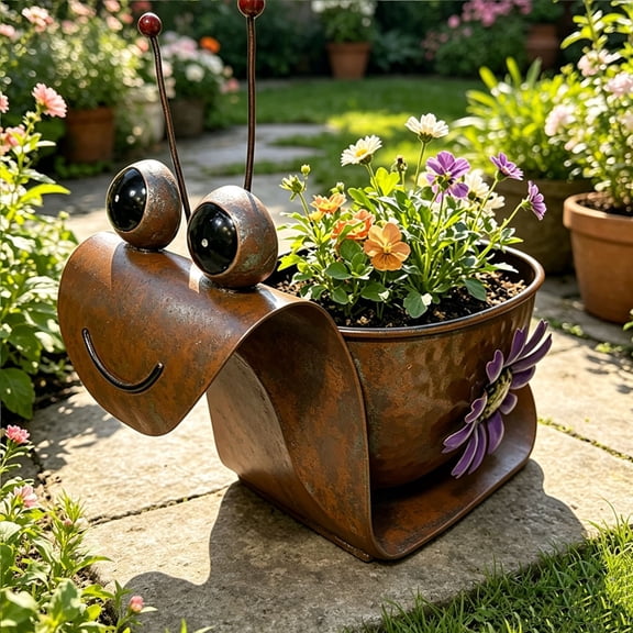 Antirust Wrought Iron Snail Planter Holder, Curved Metal Flower Pot Ornament, Weatherproof Outdoor Yard Rack, Rustic Decor for Patio Garden Indoor Windowsill Greenery