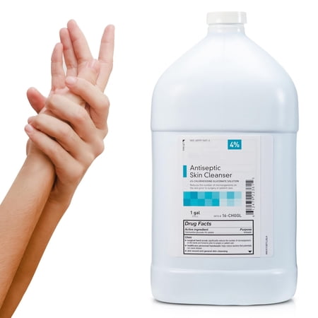Antiseptic Skin Cleanser. 4 jugs of Liquid antiseptic 1 gal. 4% Chlorhexidine Gluconate. Flip-top bottles.