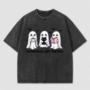 Antisocial but Festive Ghost Graphic Vintage Washed Halloween Shirt for Women, Funny Spooky Tee