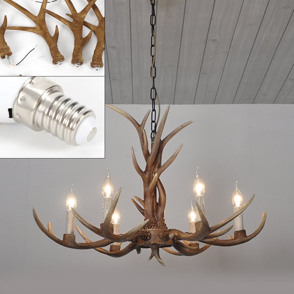 Antler Chandelier 6 Lights, Rustic Deer Horn Pendant Light Fixture, Farmhouse Lodge Style Resin Ceiling Lamp for Dining Room Living Room Bar Restaurant  Brown, E12 Base, Height Adjustable