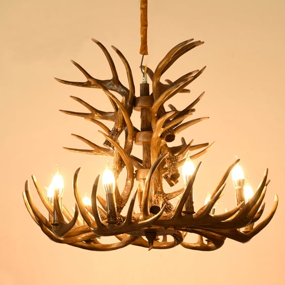 Antler Chandelier, Rustic Deer Horn Pendant Light, Resin Material, 9/18 Lights, Dia33.5"x H26", Brown, for Cabin Lodge Living Room Bedroom