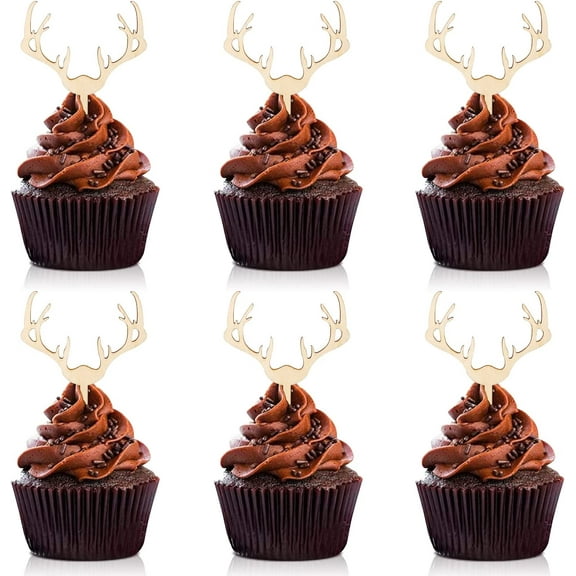 Antler Cupcake Toppers Wooden Deer Cake Picks Decorations Baby Shower Wedding Hunting Boho Rustic Country Birthday Theme Party Supplies Qty 24