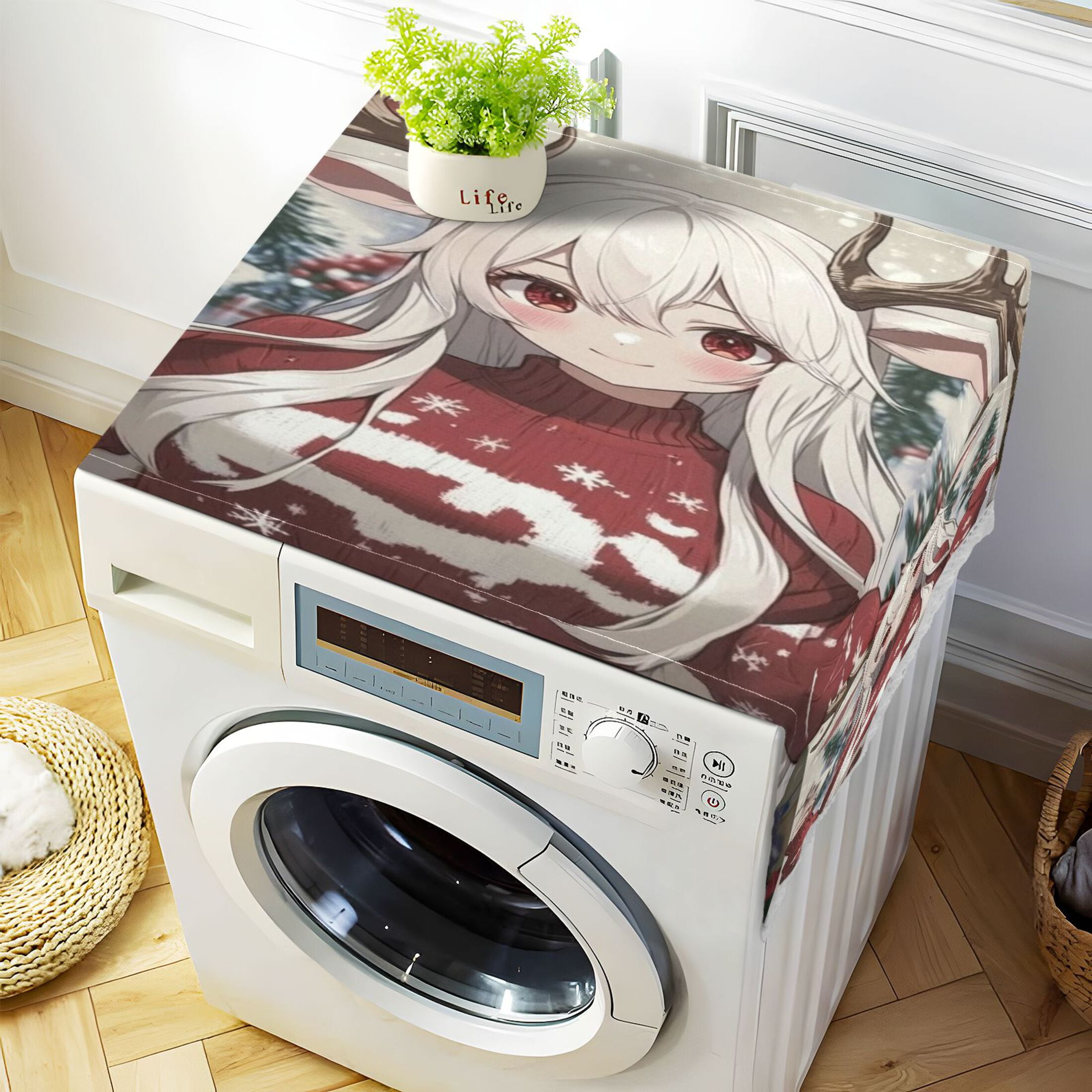 The Antler GirlWasher and Dryer Covers Dust-Proof and Oil Resistant Fridge Cover with 4 Storage Pockets Washing Machine Top Cover for Laundry Kitchen Home 51.2 x 22 In