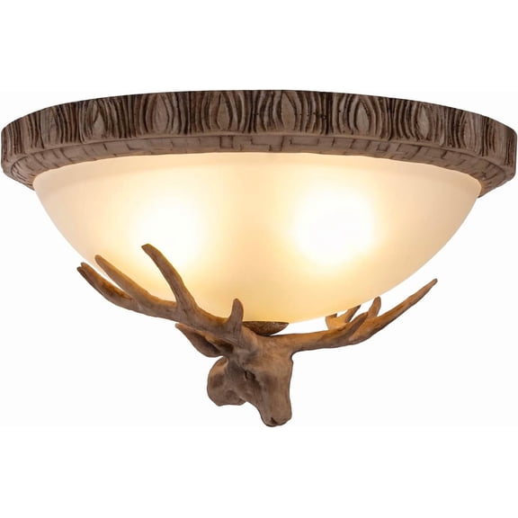 Antler Glass Semi Flush Mount Fixture Ceiling Lighting, 3-Light Bronze Rustic Antler Bowl Style Ceiling Light for Kitchen Bar Cafe Living Room