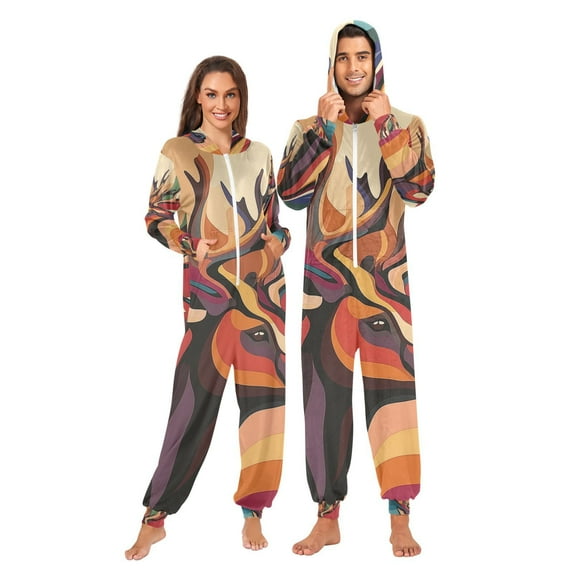 Antler Head Colorful Adult Onesie Pajamas Slim Fit Christmas One Piece Suit Pjs for Women and Men Hooded Zipper