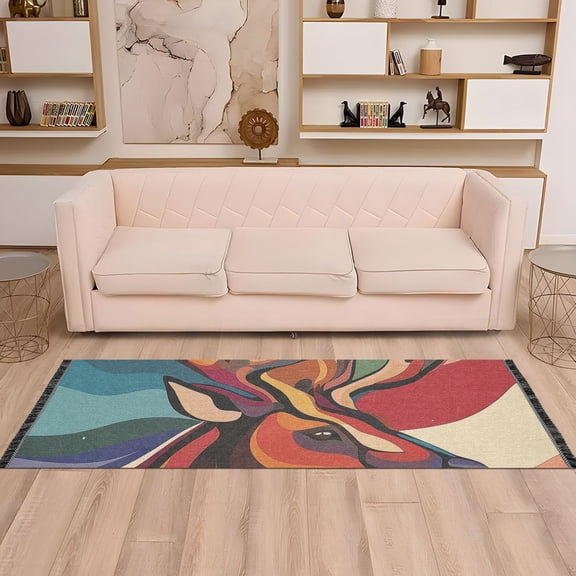 Antler Head Colorful Runner Rug Non-Slip Area Rugs Linen Washable Non Shedding for Kitchen Bedroom Carpet