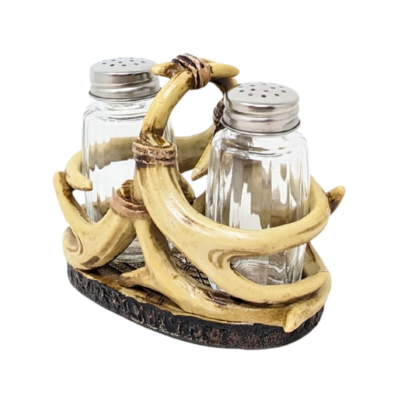 Antler Salt and Pepper Shakers Set with Holder, Faux Antler Resin Stand with Glass Bottles, Rustic Kitchen Decor, Deer Antler Table Centerpiece for Dining Countertop, Lodge Cabin Kitchen Gift Set