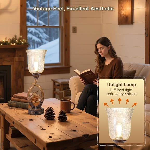 Antler Table Uplight Lamp for Living Room Bedroom, 20.5 Resin Memory Function Bedside Lamps with Glass Shade, Rustic Nightstand Lamp with USB Ports for Home Room Decor (Bulb Included)
