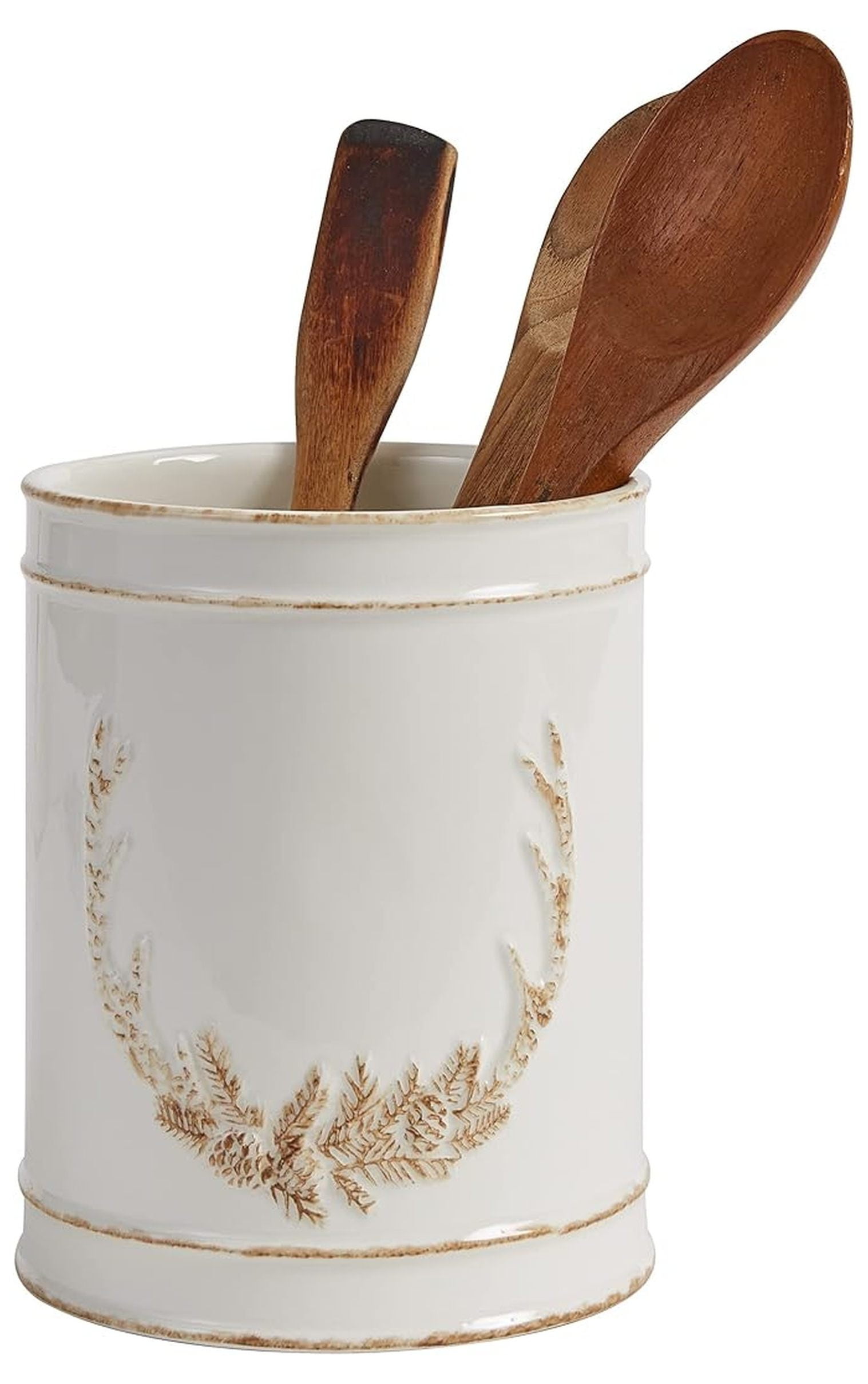 Antler Utensil Holder - Stoneware Kitchen Utensil Crock - Cream Farmhouse Decor - 6.75 x 5.75 inch - Countertop Organizer for Spoons, Forks, & Spatulas