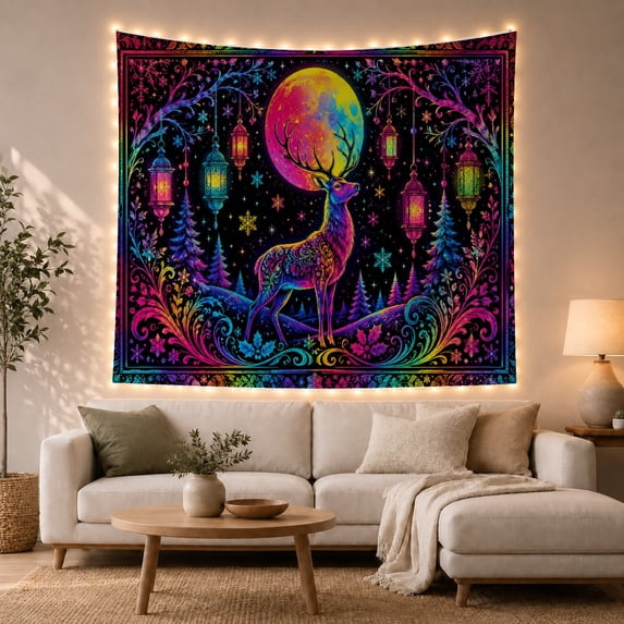 Antlered Deer with Lanterns and Moon, Mystical Psychedelic Style for Wildlife Lovers, Celestial Wall Decor Housewarming Gift, Tapestry Wall Hanging for Bedroom and Dorm