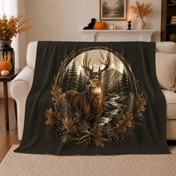 Antlered Deer Within Woodland Stream Foliage Wreath, Soft Flannel Blanket with Rustic Wildlife Illustration Print, Housewarming Gift and Home Decor for Bedroom and Living Room