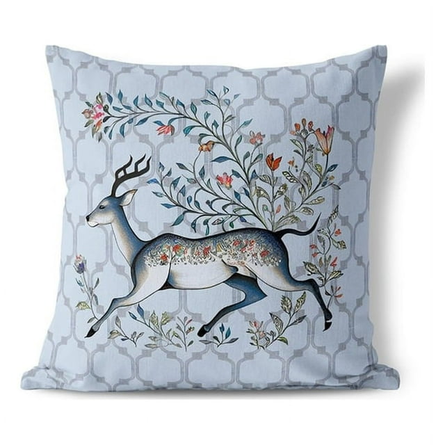 Antlered Garden Throw Pillow in Blue 16 x 16 with removable cover