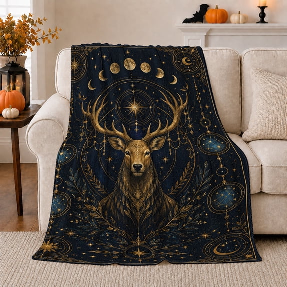 Antlered Stag Beneath decorative theme And Stars, Soft Flannel Blanket with Celestial Wildlife Illustration Print, Housewarming Gift and Home Decor for Bedroom and Living Room