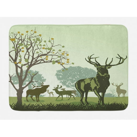 Antlers Bath Mat, Deer and Wildlife in Park World Natural Heritage Forest Areas Reindeer Nature Scene, Non-Slip Plush Mat Bathroom Kitchen Laundry Room Decor, 29.5 X 17.5 Inches, Green, Ambesonne