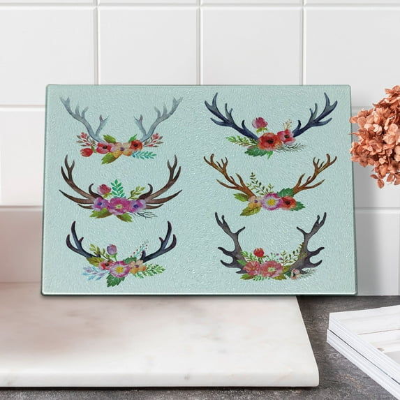 Antlers Cutting Board, Deer Horns Bouquet Flowers Bloom Fun Springtime Garden Branches Work of Art Print, Decorative Tempered Glass Cutting and Serving Board, Small Size, Multicolor, by Ambesonne