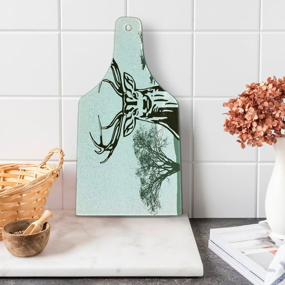 Antlers Cutting Board, Deer Moose Trees Silhouettes Outline of Village Mountain Fall Forest, Tempered Glass Cutting and Serving Board, Wine Bottle Shape, Chocolate Green White, by Ambesonne